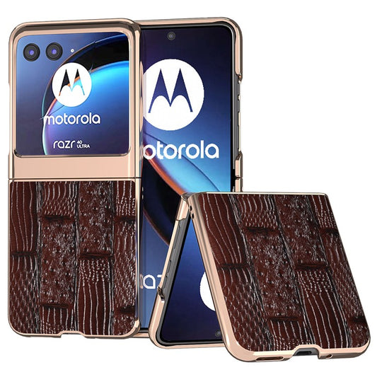 For Motorola Razr 40 Ultra 5G Mahjong Texture Genuine Cow Leather+PC Phone Case Nano Electroplating Phone Cover - Brown