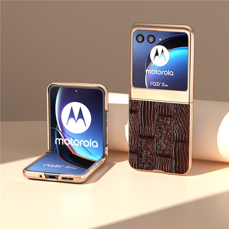 For Motorola Razr 40 Ultra 5G Mahjong Texture Genuine Cow Leather+PC Phone Case Nano Electroplating Phone Cover - Brown