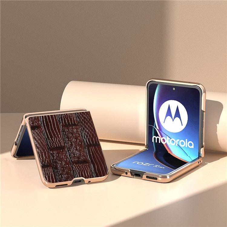 For Motorola Razr 40 Ultra 5G Mahjong Texture Genuine Cow Leather+PC Phone Case Nano Electroplating Phone Cover - Brown