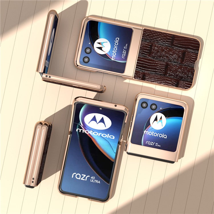 For Motorola Razr 40 Ultra 5G Mahjong Texture Genuine Cow Leather+PC Phone Case Nano Electroplating Phone Cover - Brown