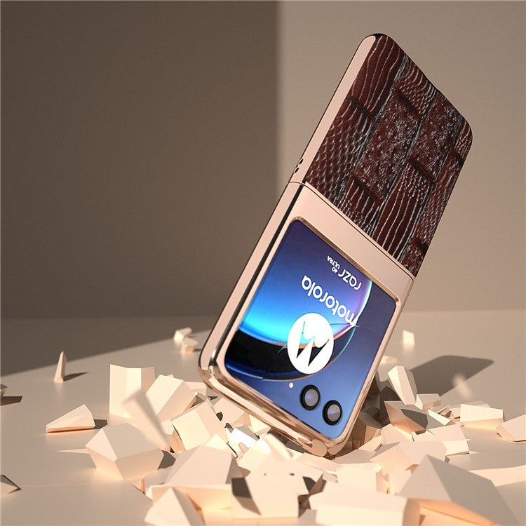 For Motorola Razr 40 Ultra 5G Mahjong Texture Genuine Cow Leather+PC Phone Case Nano Electroplating Phone Cover - Brown