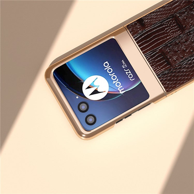 For Motorola Razr 40 Ultra 5G Mahjong Texture Genuine Cow Leather+PC Phone Case Nano Electroplating Phone Cover - Brown