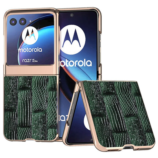 For Motorola Razr 40 Ultra 5G Mahjong Texture Genuine Cow Leather+PC Phone Case Nano Electroplating Phone Cover - Green