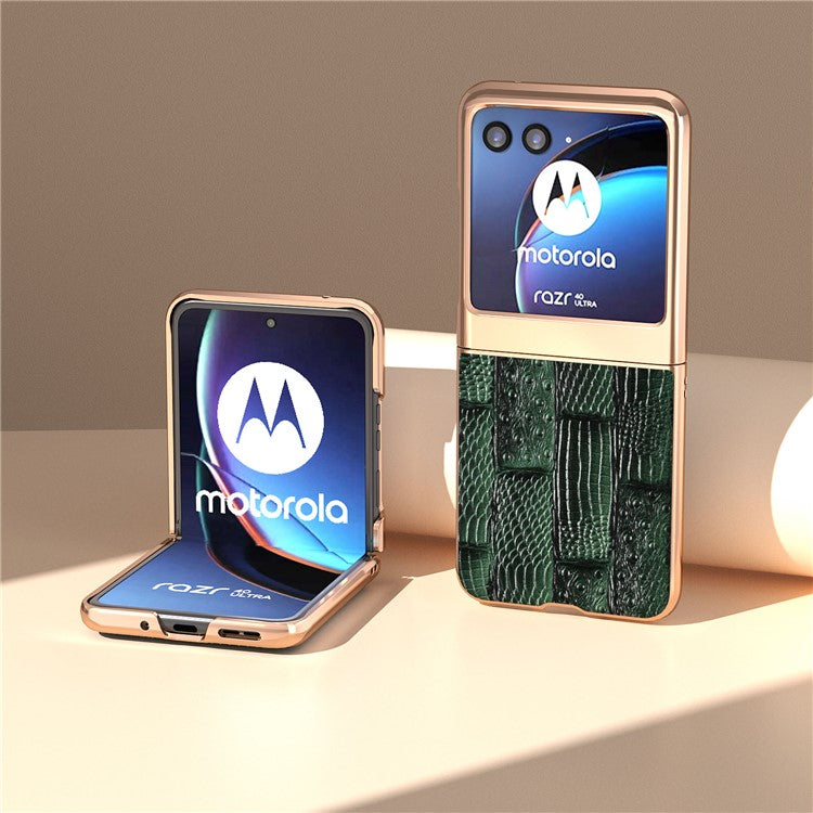 For Motorola Razr 40 Ultra 5G Mahjong Texture Genuine Cow Leather+PC Phone Case Nano Electroplating Phone Cover - Green