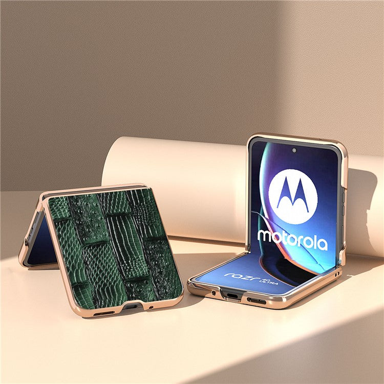 For Motorola Razr 40 Ultra 5G Mahjong Texture Genuine Cow Leather+PC Phone Case Nano Electroplating Phone Cover - Green