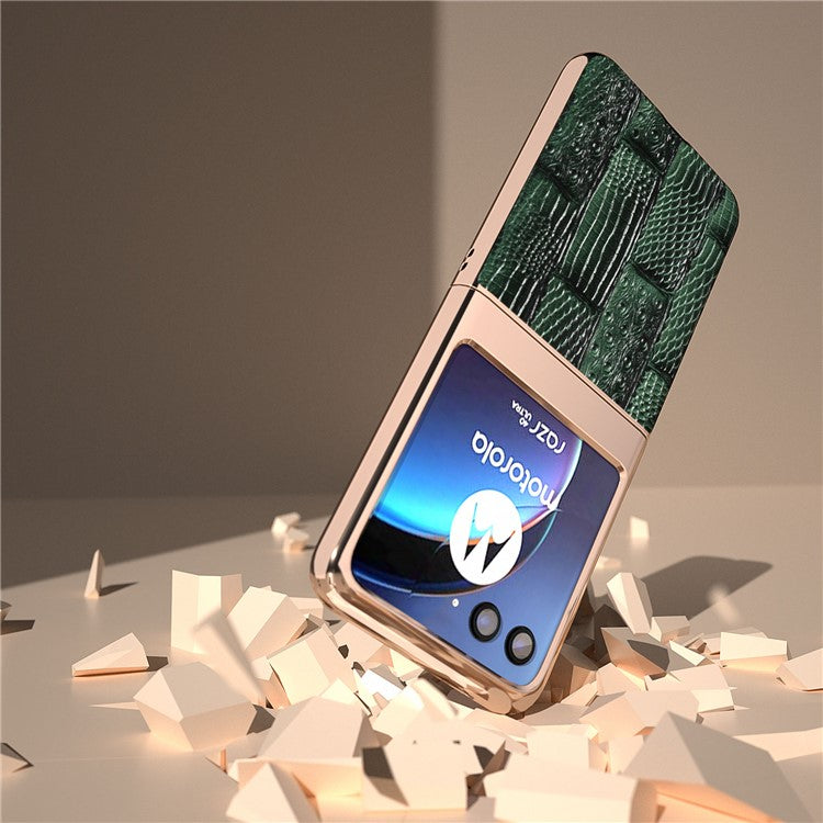 For Motorola Razr 40 Ultra 5G Mahjong Texture Genuine Cow Leather+PC Phone Case Nano Electroplating Phone Cover - Green