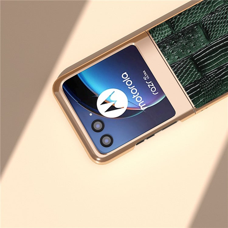 For Motorola Razr 40 Ultra 5G Mahjong Texture Genuine Cow Leather+PC Phone Case Nano Electroplating Phone Cover - Green