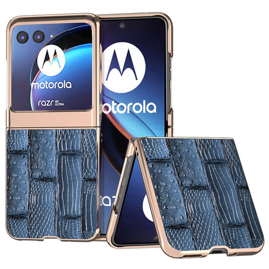 For Motorola Razr 40 Ultra 5G Mahjong Texture Genuine Cow Leather+PC Phone Case Nano Electroplating Phone Cover - Blue