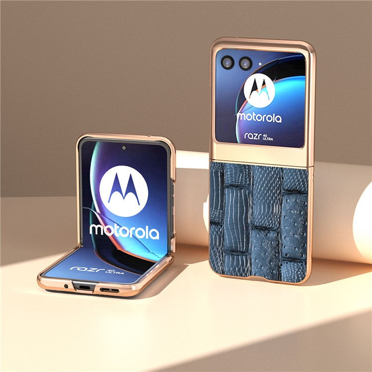 For Motorola Razr 40 Ultra 5G Mahjong Texture Genuine Cow Leather+PC Phone Case Nano Electroplating Phone Cover - Blue