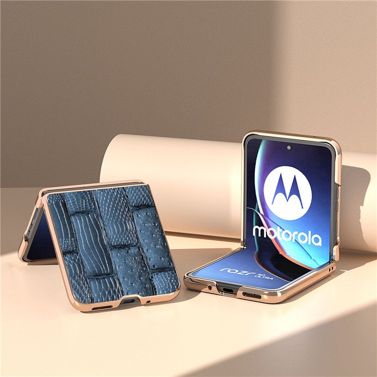 For Motorola Razr 40 Ultra 5G Mahjong Texture Genuine Cow Leather+PC Phone Case Nano Electroplating Phone Cover - Blue