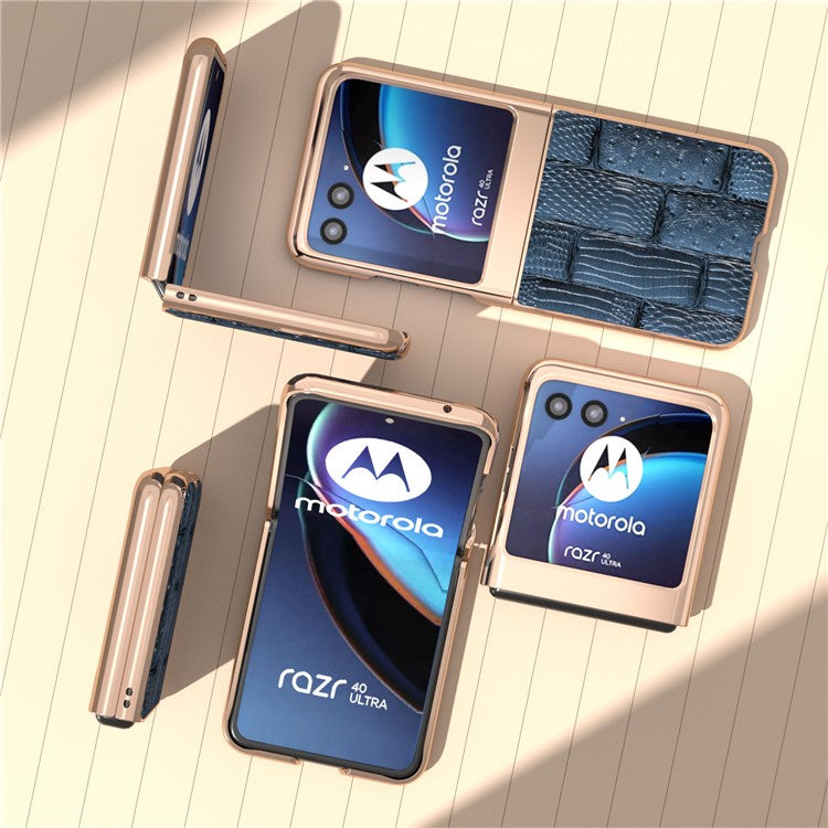For Motorola Razr 40 Ultra 5G Mahjong Texture Genuine Cow Leather+PC Phone Case Nano Electroplating Phone Cover - Blue