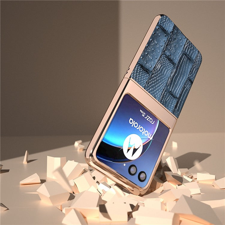 For Motorola Razr 40 Ultra 5G Mahjong Texture Genuine Cow Leather+PC Phone Case Nano Electroplating Phone Cover - Blue