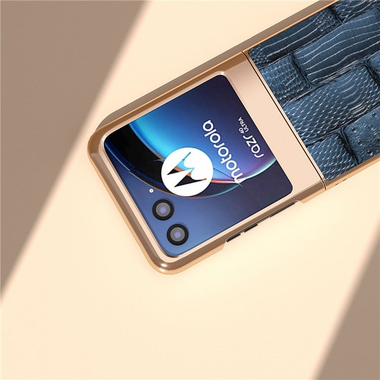 For Motorola Razr 40 Ultra 5G Mahjong Texture Genuine Cow Leather+PC Phone Case Nano Electroplating Phone Cover - Blue