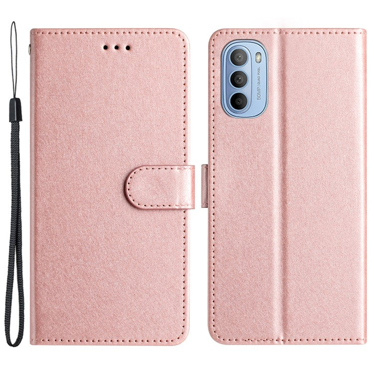 Silk Texture Flip Phone Case For Motorola Moto G52 4G / G82 5G , Wallet PU Leather Stand Cover with Hand Strap - Rose Gold