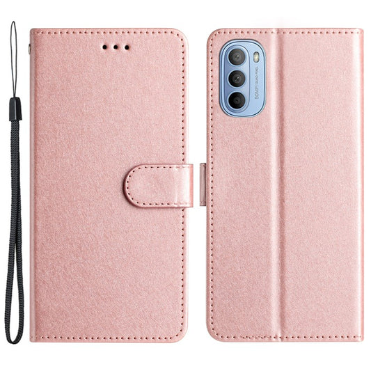 Silk Texture Flip Phone Case For Motorola Moto G52 4G / G82 5G , Wallet PU Leather Stand Cover with Hand Strap - Rose Gold