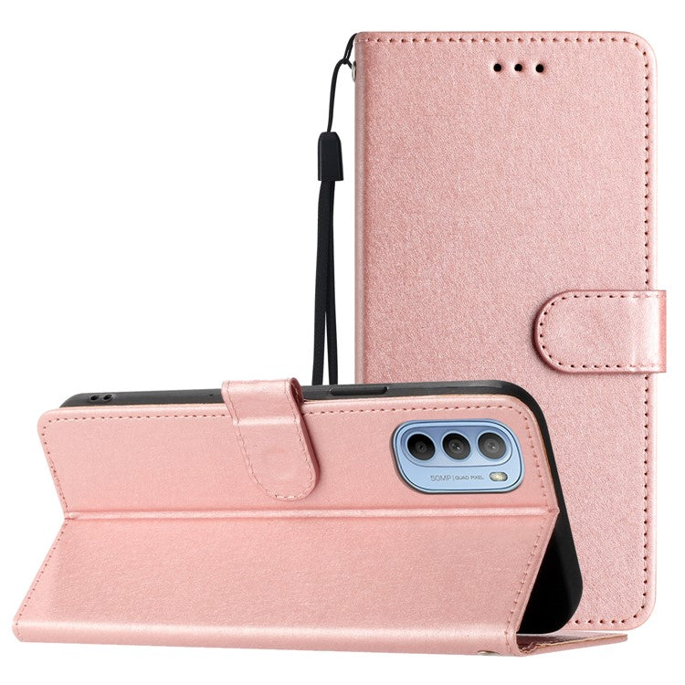 Silk Texture Flip Phone Case For Motorola Moto G52 4G / G82 5G , Wallet PU Leather Stand Cover with Hand Strap - Rose Gold