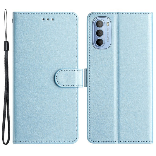 Silk Texture Flip Phone Case For Motorola Moto G52 4G / G82 5G , Wallet PU Leather Stand Cover with Hand Strap - Sky Blue