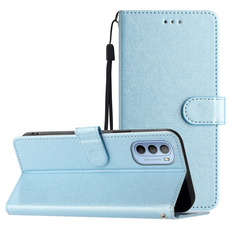 Silk Texture Flip Phone Case For Motorola Moto G52 4G / G82 5G , Wallet PU Leather Stand Cover with Hand Strap - Sky Blue