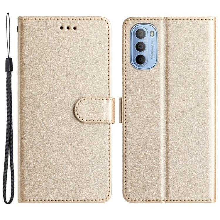Silk Texture Flip Phone Case For Motorola Moto G52 4G / G82 5G , Wallet PU Leather Stand Cover with Hand Strap - Gold