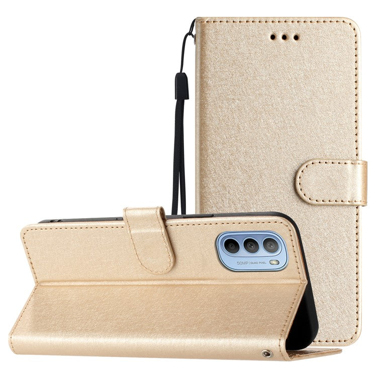 Silk Texture Flip Phone Case For Motorola Moto G52 4G / G82 5G , Wallet PU Leather Stand Cover with Hand Strap - Gold