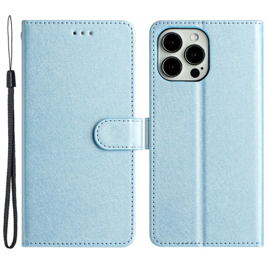 Phone Stand Cover for iPhone 14 Plus Drop Proof PU Leather Silk Texture Wallet Case with Wrist Strap - Sky Blue