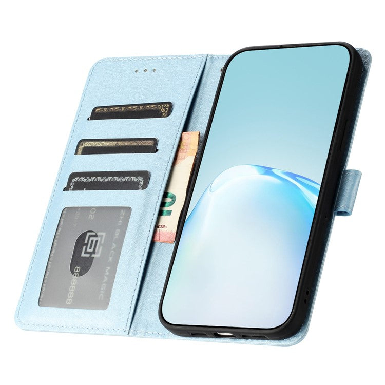 Phone Stand Cover for iPhone 14 Plus Drop Proof PU Leather Silk Texture Wallet Case with Wrist Strap - Sky Blue