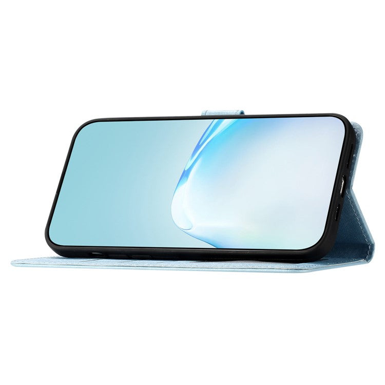 Phone Stand Cover for iPhone 14 Plus Drop Proof PU Leather Silk Texture Wallet Case with Wrist Strap - Sky Blue