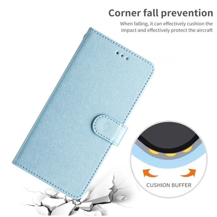 Phone Stand Cover for iPhone 14 Plus Drop Proof PU Leather Silk Texture Wallet Case with Wrist Strap - Sky Blue