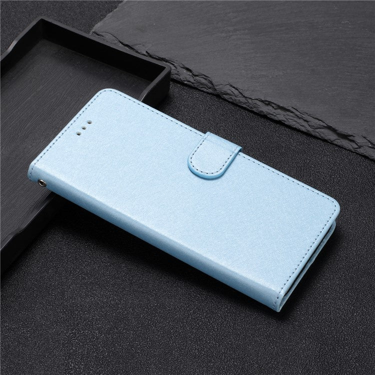 Phone Stand Cover for iPhone 14 Plus Drop Proof PU Leather Silk Texture Wallet Case with Wrist Strap - Sky Blue