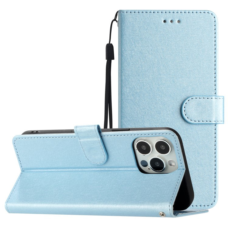 Phone Stand Cover for iPhone 14 Plus Drop Proof PU Leather Silk Texture Wallet Case with Wrist Strap - Sky Blue