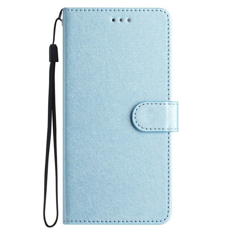 Phone Stand Cover for iPhone 14 Plus Drop Proof PU Leather Silk Texture Wallet Case with Wrist Strap - Sky Blue