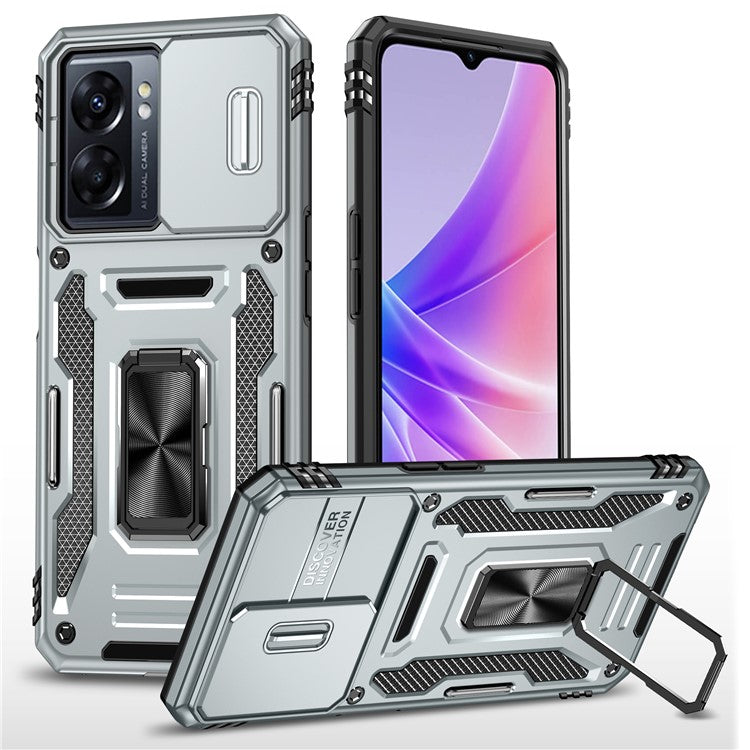 Armor Series For Oppo A77 4G / A54 4G Slide Lens Protection Phone Case PC+TPU Anti-drop Kickstand Cover - Grey