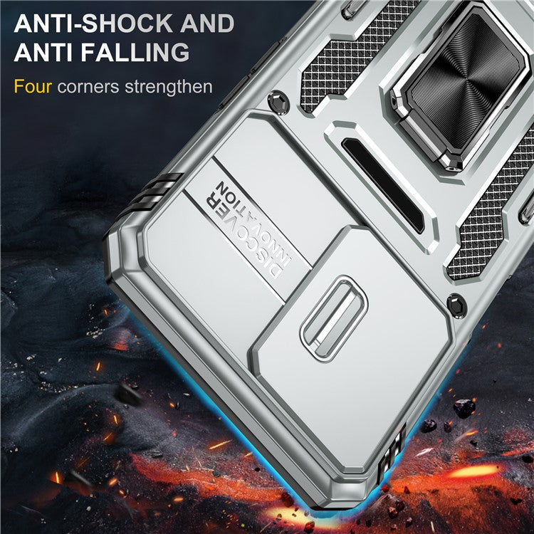Armor Series For Oppo A77 4G / A54 4G Slide Lens Protection Phone Case PC+TPU Anti-drop Kickstand Cover - Grey