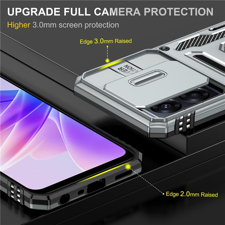 Armor Series For Oppo A77 4G / A54 4G Slide Lens Protection Phone Case PC+TPU Anti-drop Kickstand Cover - Grey