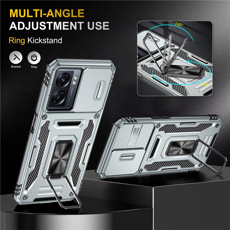Armor Series For Oppo A77 4G / A54 4G Slide Lens Protection Phone Case PC+TPU Anti-drop Kickstand Cover - Grey