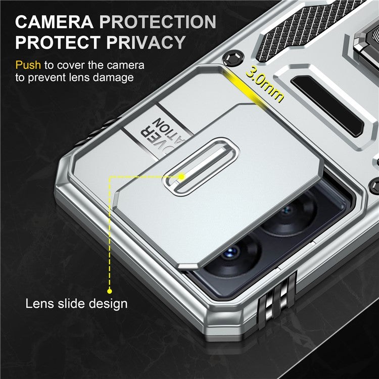 Armor Series For Oppo A77 4G / A54 4G Slide Lens Protection Phone Case PC+TPU Anti-drop Kickstand Cover - Grey