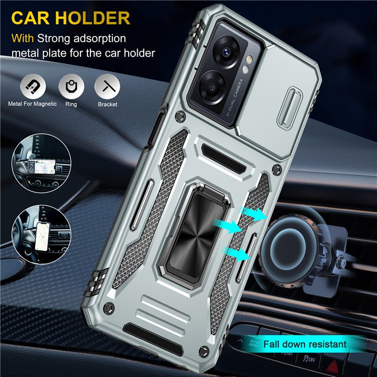 Armor Series For Oppo A77 4G / A54 4G Slide Lens Protection Phone Case PC+TPU Anti-drop Kickstand Cover - Grey