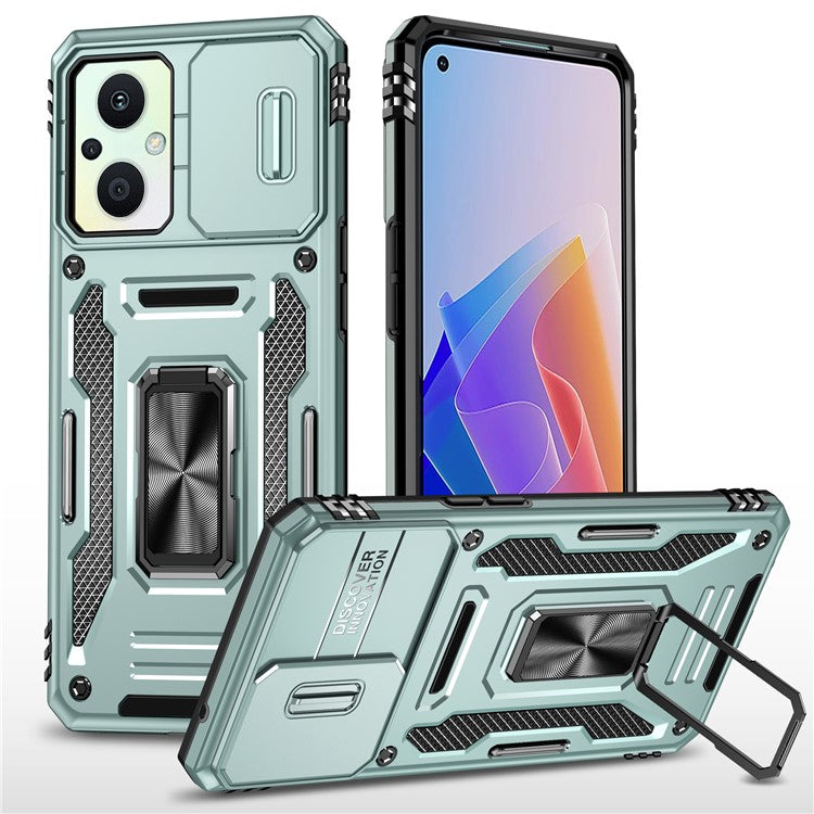 Armor Series For Oppo Reno7 Lite 5G Slide Lens Lid Phone Case Metal Kickstand PC+TPU Cover - Green
