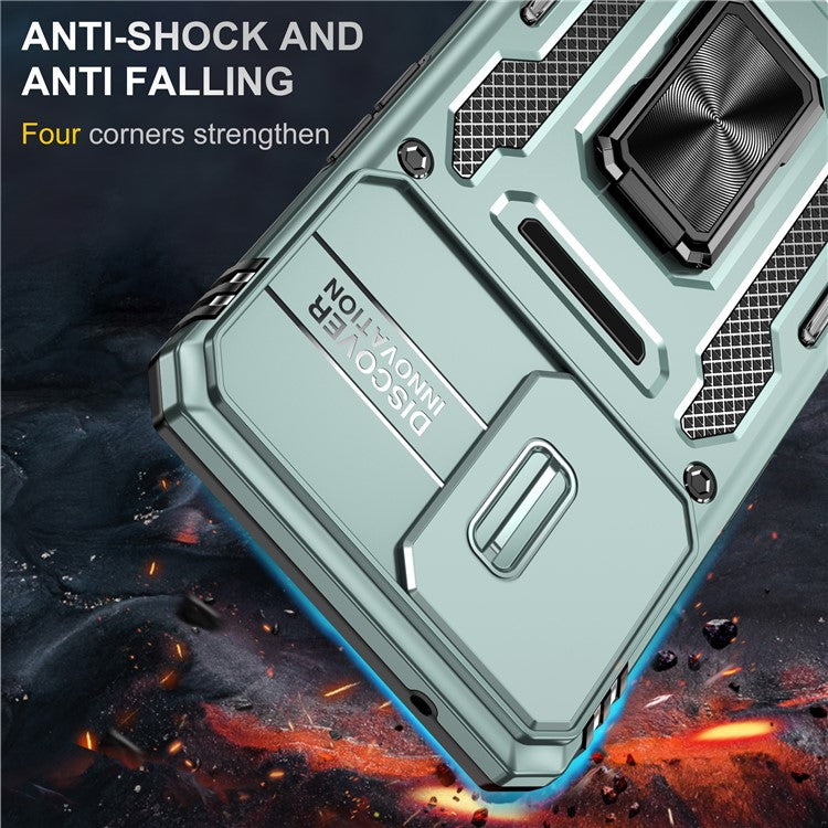 Armor Series For Oppo Reno7 Lite 5G Slide Lens Lid Phone Case Metal Kickstand PC+TPU Cover - Green