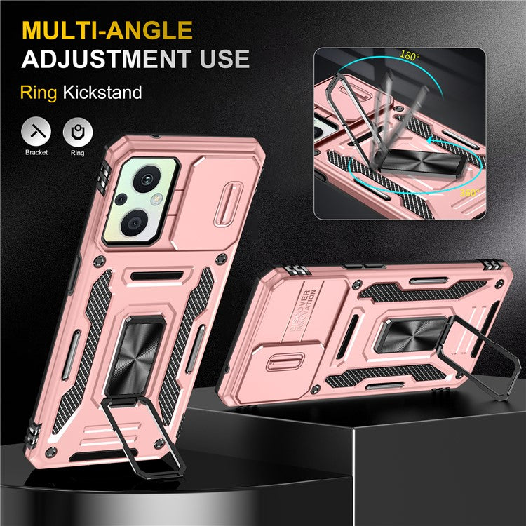 Armor Series For Oppo Reno7 Lite 5G Slide Lens Lid Phone Case Metal Kickstand PC+TPU Cover - Rose Gold