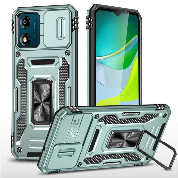 Armor Series For Motorola Moto E13 4G Slide Lens Shield Anti-drop Cover Metal Kickstand PC+TPU Phone Case - Green
