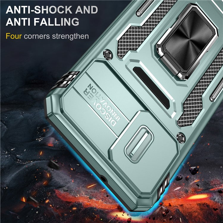 Armor Series For Motorola Moto E13 4G Slide Lens Shield Anti-drop Cover Metal Kickstand PC+TPU Phone Case - Green