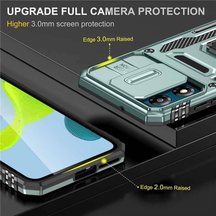 Armor Series For Motorola Moto E13 4G Slide Lens Shield Anti-drop Cover Metal Kickstand PC+TPU Phone Case - Green