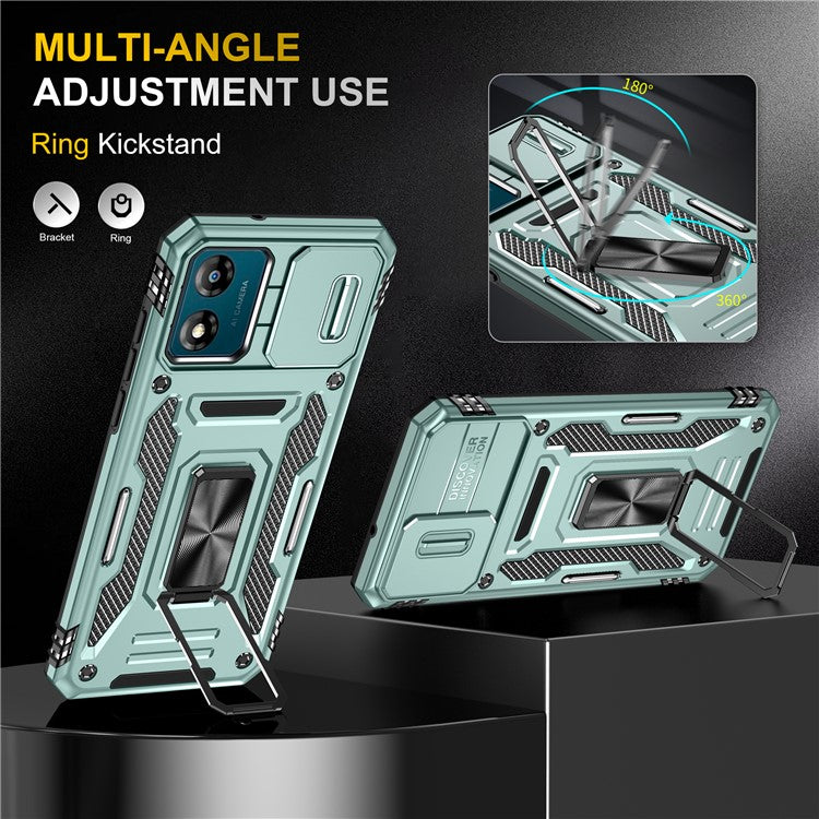 Armor Series For Motorola Moto E13 4G Slide Lens Shield Anti-drop Cover Metal Kickstand PC+TPU Phone Case - Green