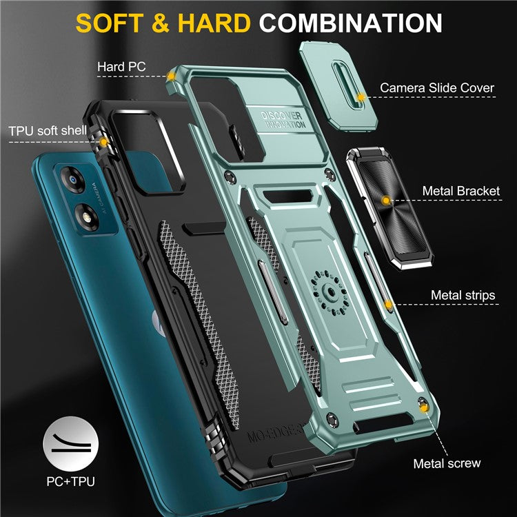 Armor Series For Motorola Moto E13 4G Slide Lens Shield Anti-drop Cover Metal Kickstand PC+TPU Phone Case - Green