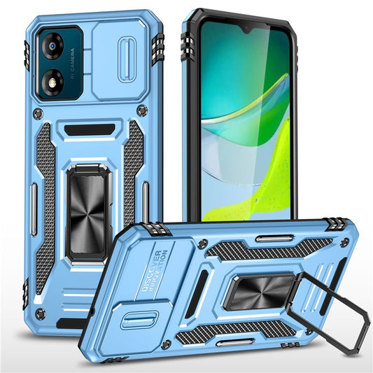Armor Series For Motorola Moto E13 4G Slide Lens Shield Anti-drop Cover Metal Kickstand PC+TPU Phone Case - Light Blue