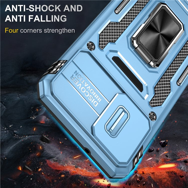 Armor Series For Motorola Moto E13 4G Slide Lens Shield Anti-drop Cover Metal Kickstand PC+TPU Phone Case - Light Blue