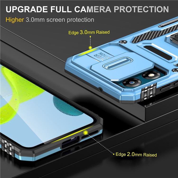 Armor Series For Motorola Moto E13 4G Slide Lens Shield Anti-drop Cover Metal Kickstand PC+TPU Phone Case - Light Blue
