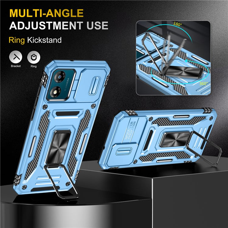 Armor Series For Motorola Moto E13 4G Slide Lens Shield Anti-drop Cover Metal Kickstand PC+TPU Phone Case - Light Blue