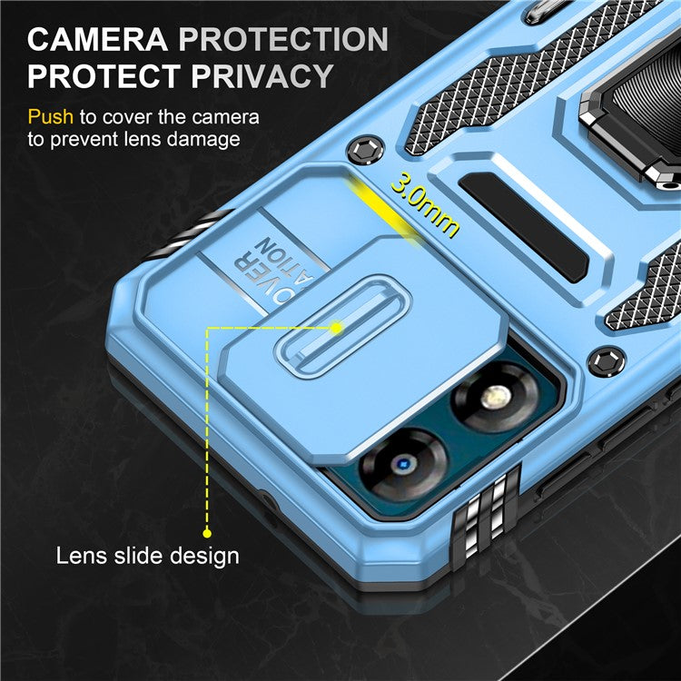 Armor Series For Motorola Moto E13 4G Slide Lens Shield Anti-drop Cover Metal Kickstand PC+TPU Phone Case - Light Blue